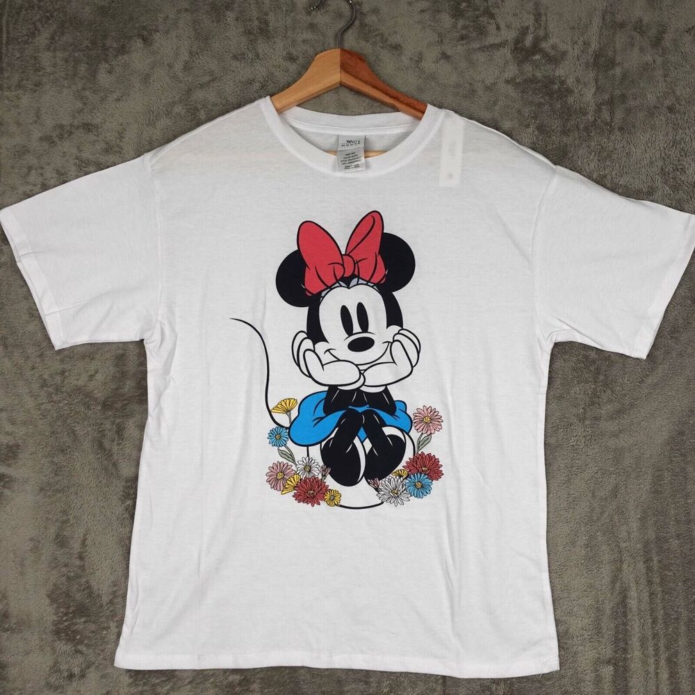Disney Minnie Mouse T Shirt Women L White Pullover Embroidered Flower Crew Neck
